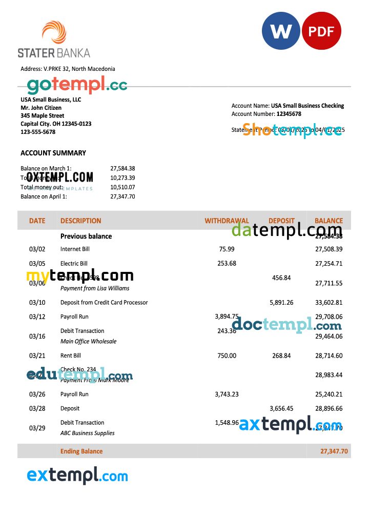 North Macedonia Stater Banka firm account statement Word and PDF template North Macedonia Stater Banka firm account statement Word and PDF template