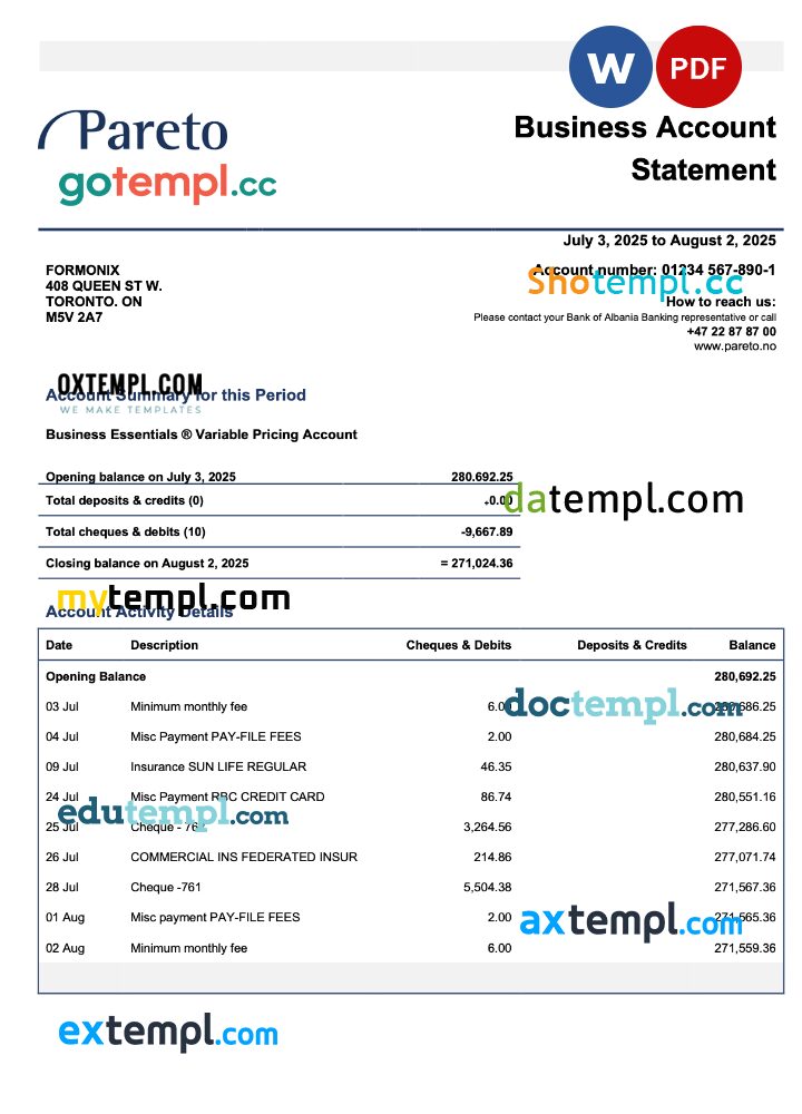 Norway Pareto business checking account statement Word and PDF template Norway Pareto business checking account statement Word and PDF template