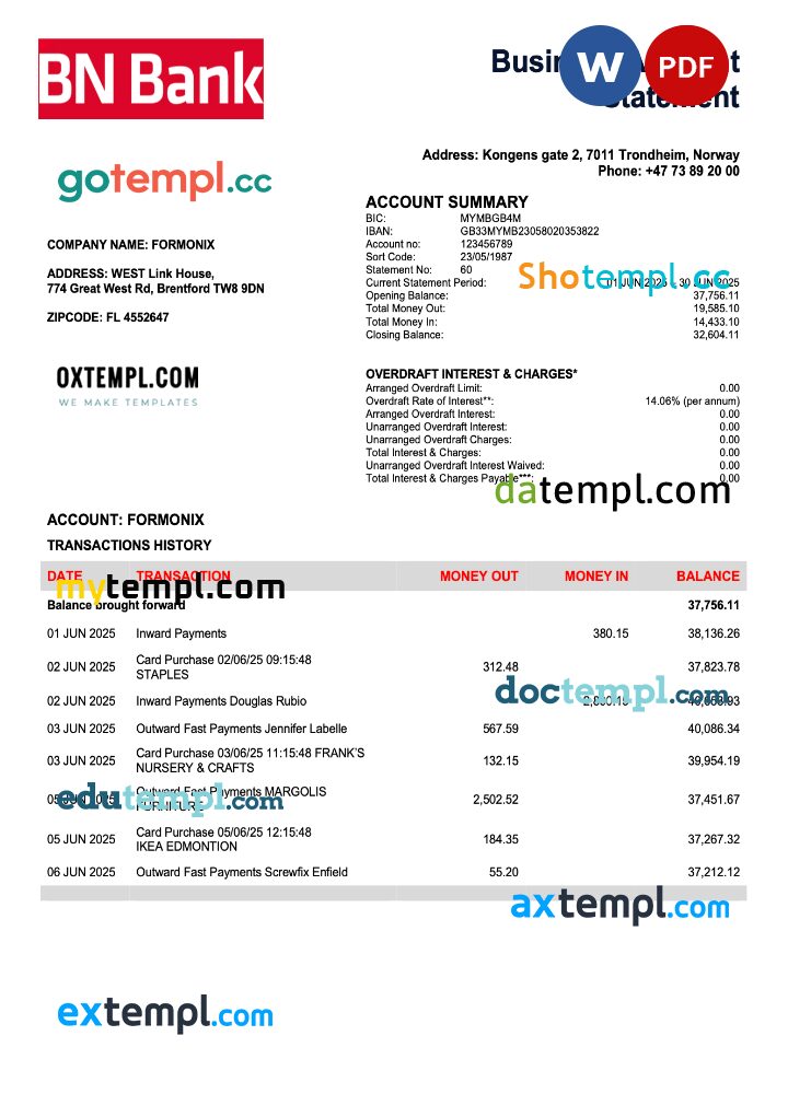 Norwegian BN Bank firm account statement Word and PDF template Norwegian BN Bank firm account statement Word and PDF template