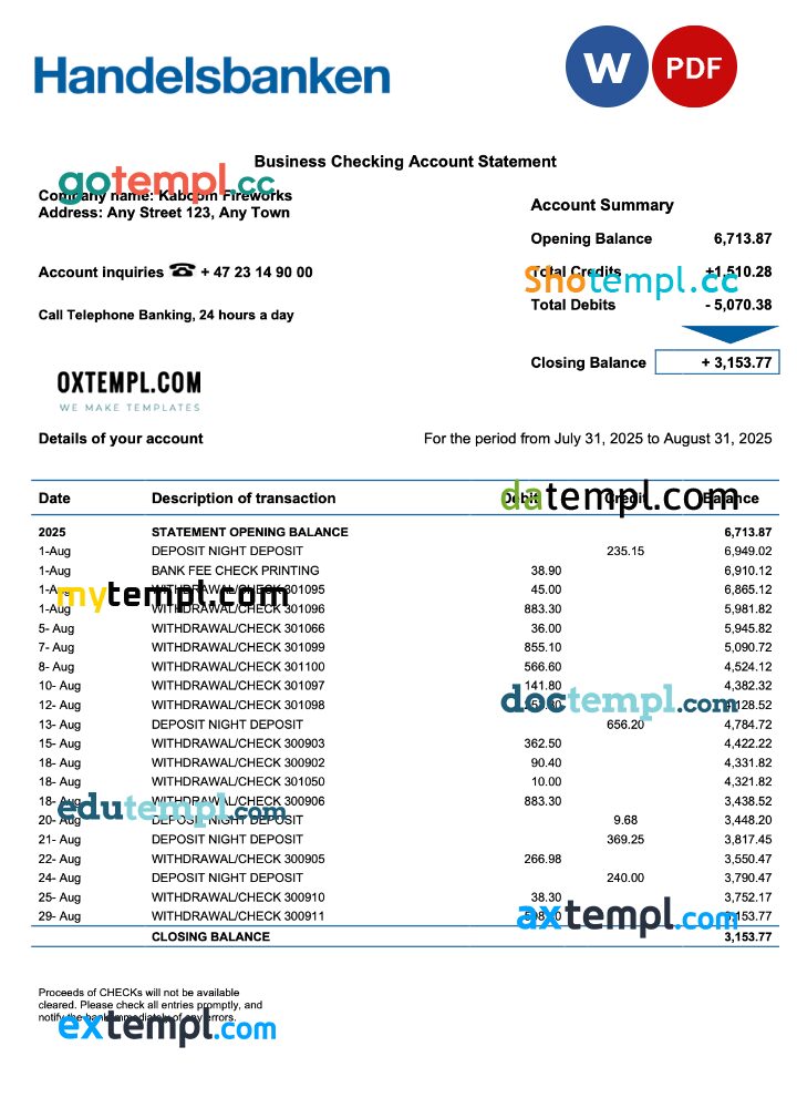 Norwegian Handelsbank enterprise statement Word and PDF template Norwegian Handelsbank enterprise statement Word and PDF template