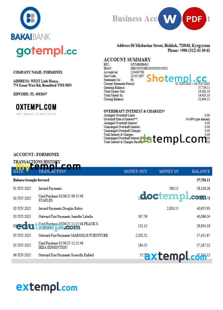 OJSC Bakai organization checking account statement Word and PDF template OJSC Bakai organization checking account statement Word and PDF template