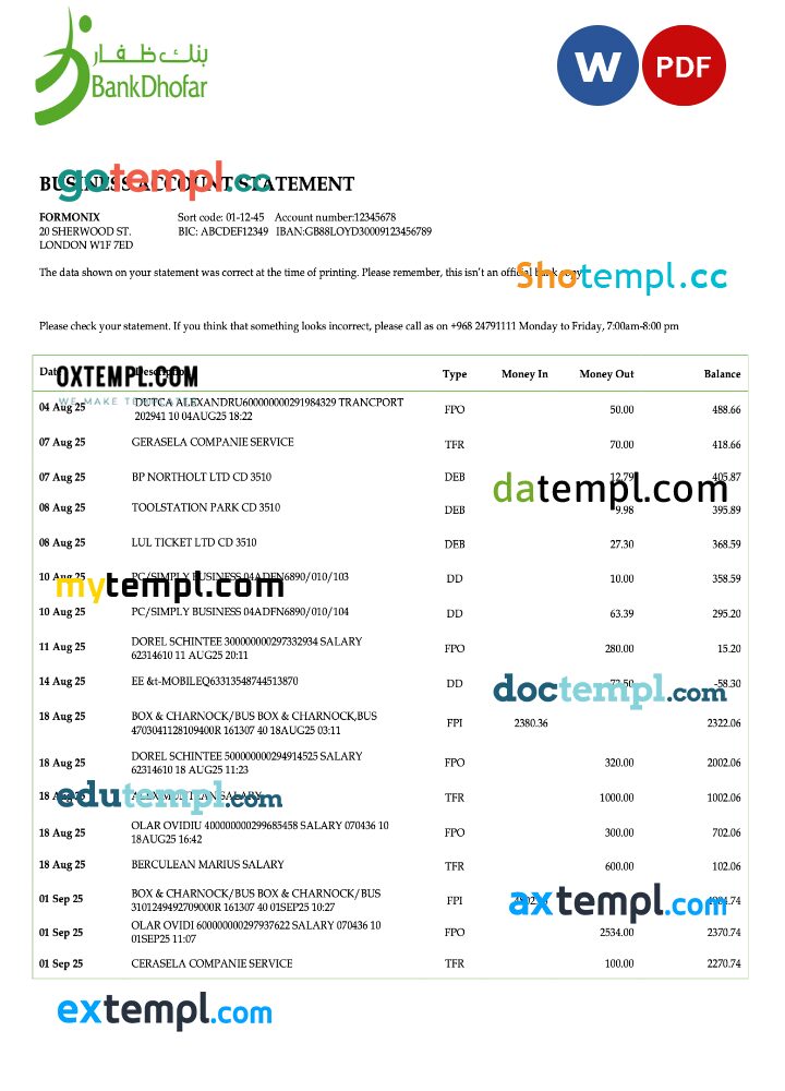 Omani Bank Dhofar firm account statement Word and PDF template Omani Bank Dhofar firm account statement Word and PDF template
