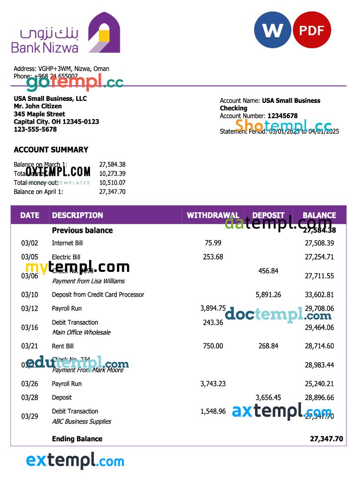 Omani Bank Nizwa firm statement Word and PDF template Omani Bank Nizwa firm statement Word and PDF template