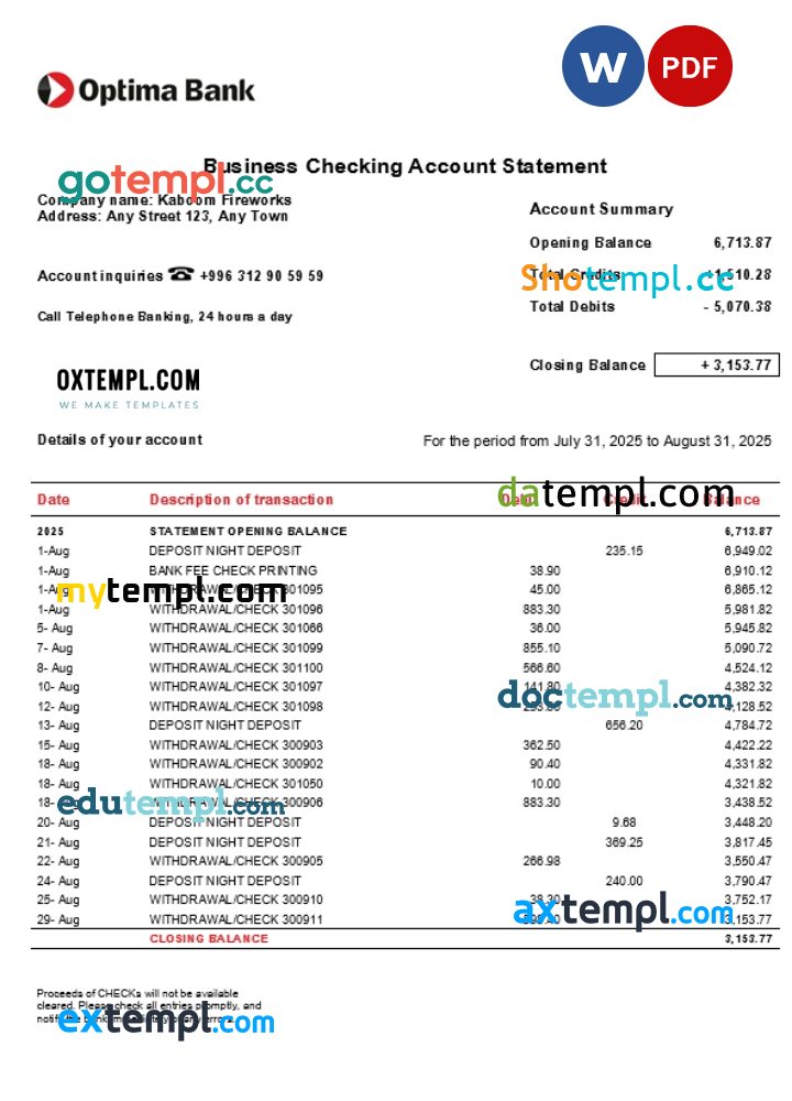 Optima business account statement Word and PDF template Optima business account statement Word and PDF template