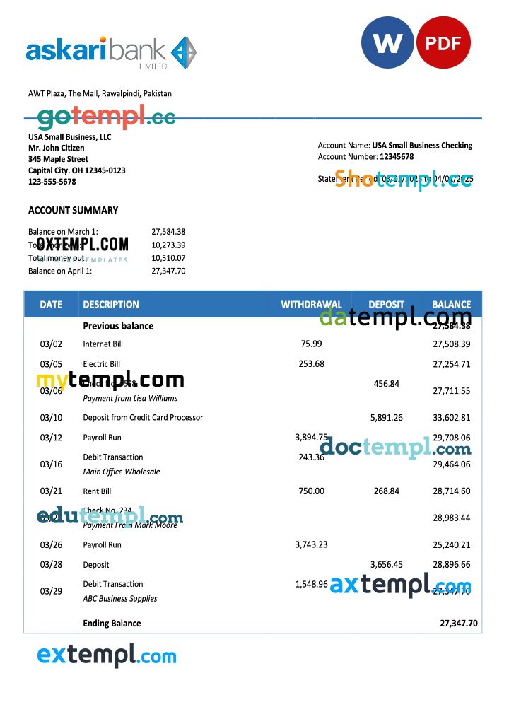 Pakistan Askari Bank business checking account statement Word and PDF template Pakistan Askari Bank business checking account statement Word and PDF template