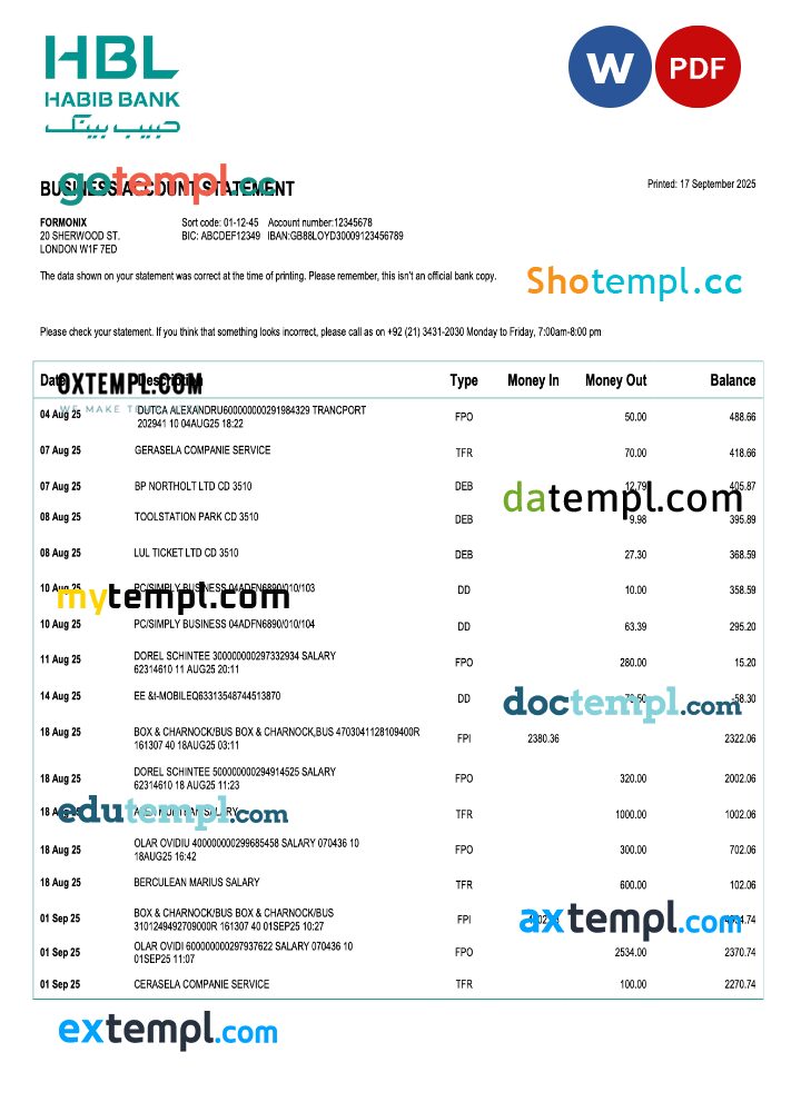 Pakistan Habib business checking account statement Word and PDF template Pakistan Habib business checking account statement Word and PDF template