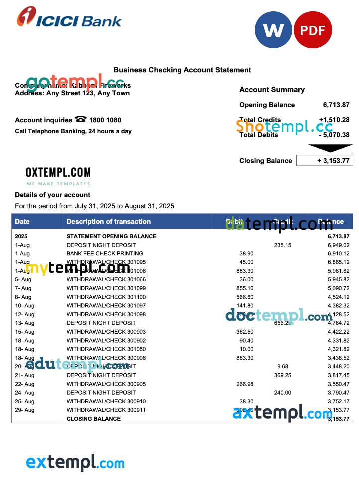 Pakistan ICICI firm account statement Word and PDF template Pakistan ICICI firm account statement Word and PDF template