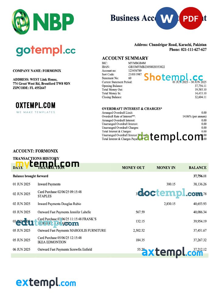 Pakistan NBP business checking account statement Word and PDF template Pakistan NBP business checking account statement Word and PDF template