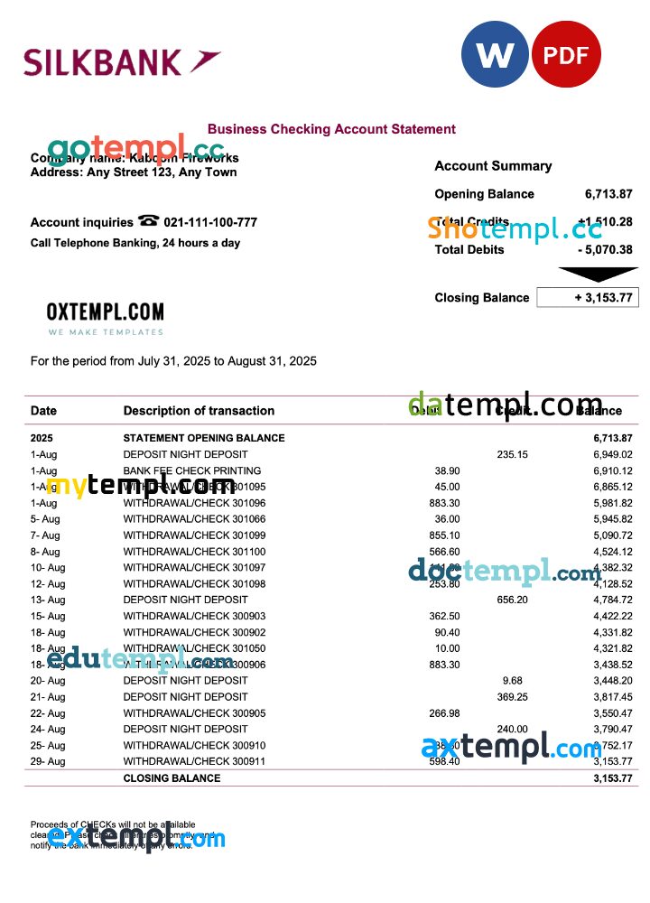 Pakistan Silkbank firm account statement Word and PDF template Pakistan Silkbank firm account statement Word and PDF template