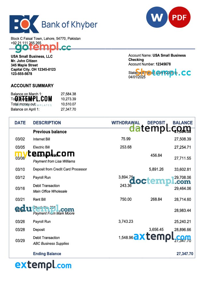 Pakistan The Bank of Khyber enterprise account statement Word and PDF template Pakistan The Bank of Khyber enterprise account statement Word and PDF template