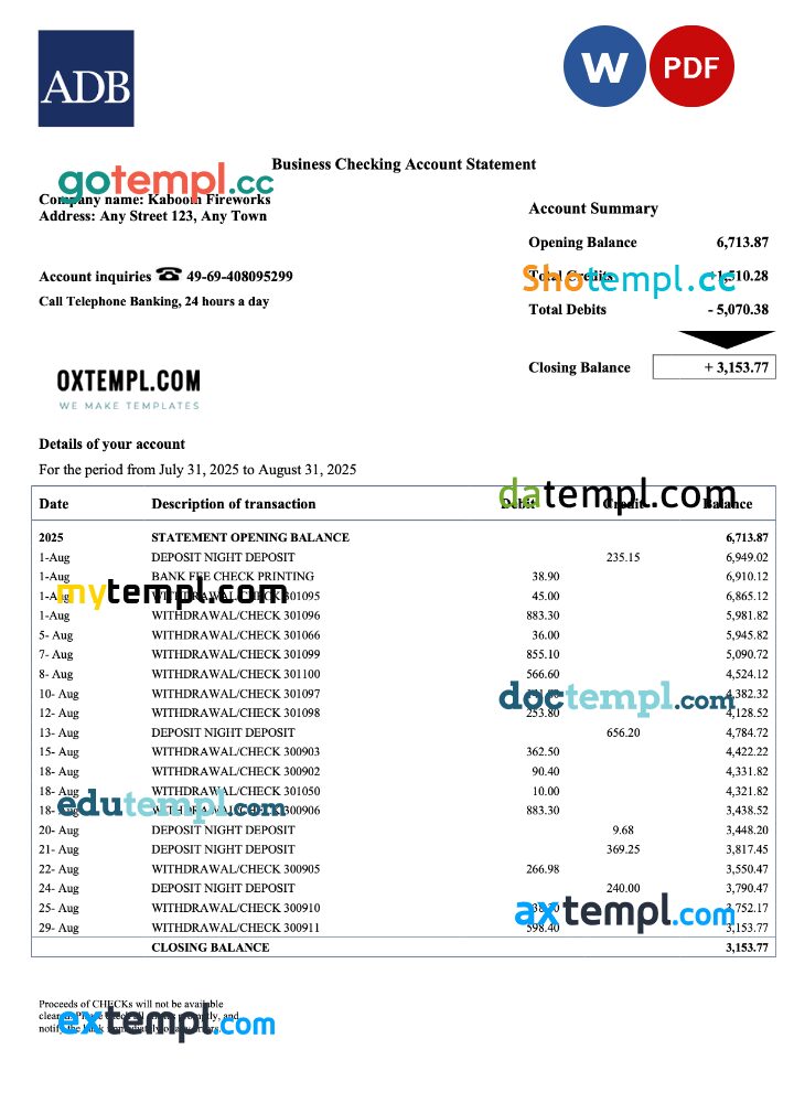 Palau ADB corporate checking account statement Word and PDF template Palau ADB corporate checking account statement Word and PDF template