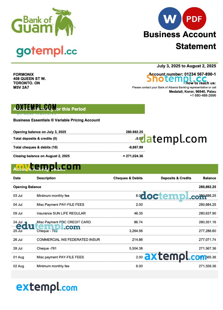 Palau Bank of Guamanian company checking account statement Word and PDF template Palau Bank of Guamanian company checking account statement Word and PDF template