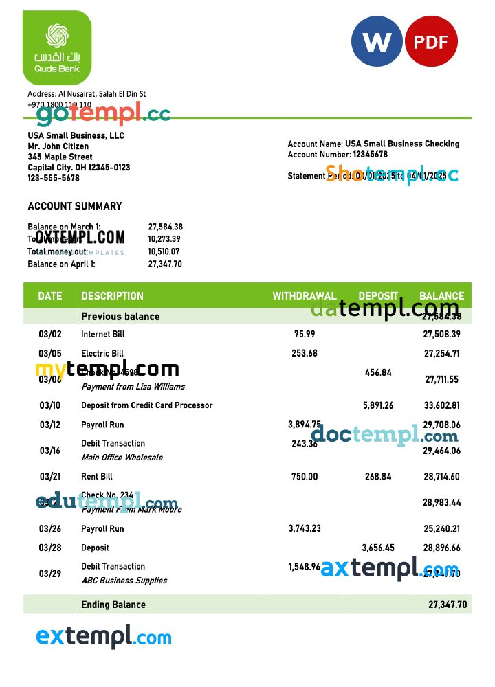 Palestine Quds organization checking account statement Word and PDF templatedoc Palestine Quds organization checking account statement Word and PDF templatedoc