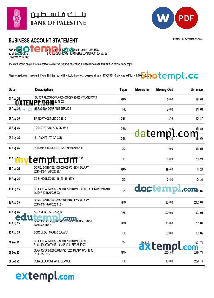 Palestinian Bank of Palestinian company checking account statement Word and PDF template Palestinian Bank of Palestinian company checking account statement Word and PDF template