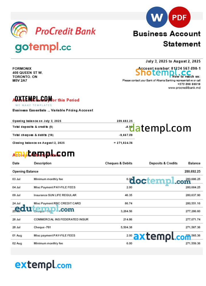 ProCredit organization checking account statement Word and PDF format ProCredit organization checking account statement Word and PDF format