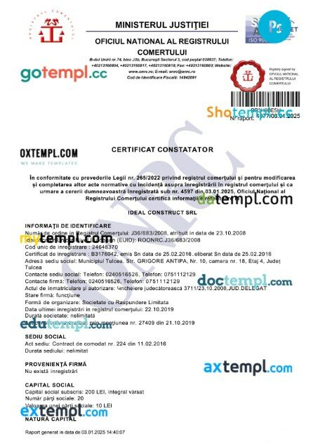 Romania Ministerul Justiţiei Oficiul National Al Registrului Comertului company certificate PSD template Romania Ministerul Justiţiei Oficiul National Al Registrului Comertului company certificate PSD template