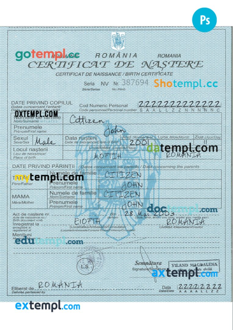 Romania birth certificate in PSD format, version 2 Romania birth certificate in PSD format, version 2