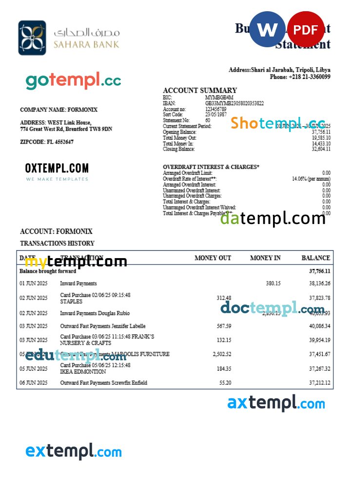 Sahara organization checking account statement Word and PDF template Sahara organization checking account statement Word and PDF template