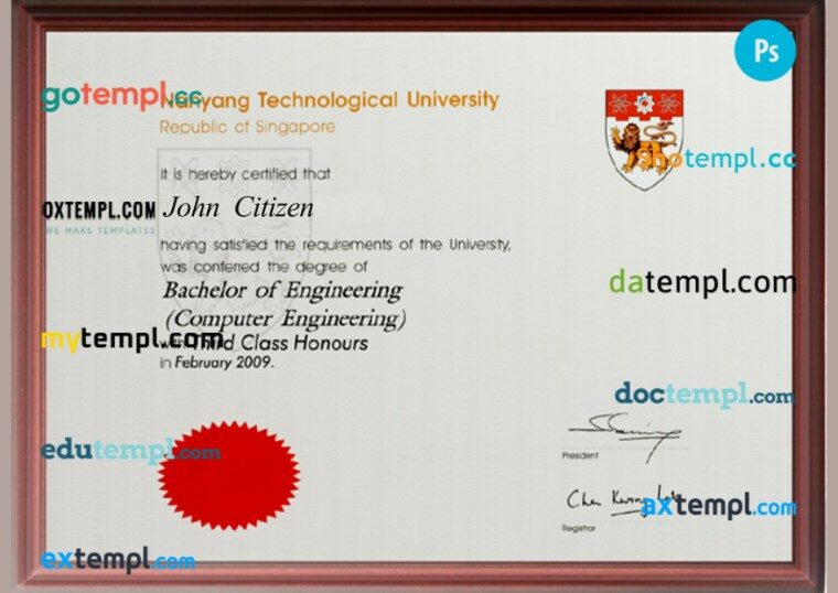 Singapore Nanyang technology university silver diploma template in PSD format