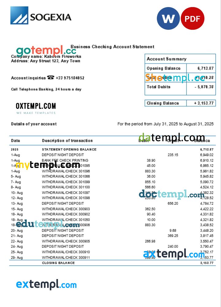Sogexia organization checking account statement Word and PDF template Sogexia organization checking account statement Word and PDF template