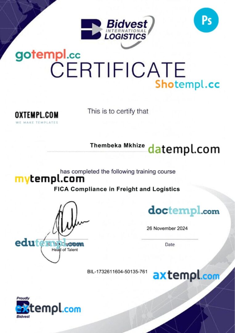 South African Bidvest International Logistics training diploma template in PSD format South African Bidvest International Logistics training diploma template in PSD format