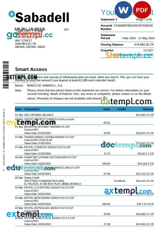 Spain Sabadell bank statement 3 month Word and PDF template, 9 pages Spain Sabadell bank statement 3 month Word and PDF template, 9 pages