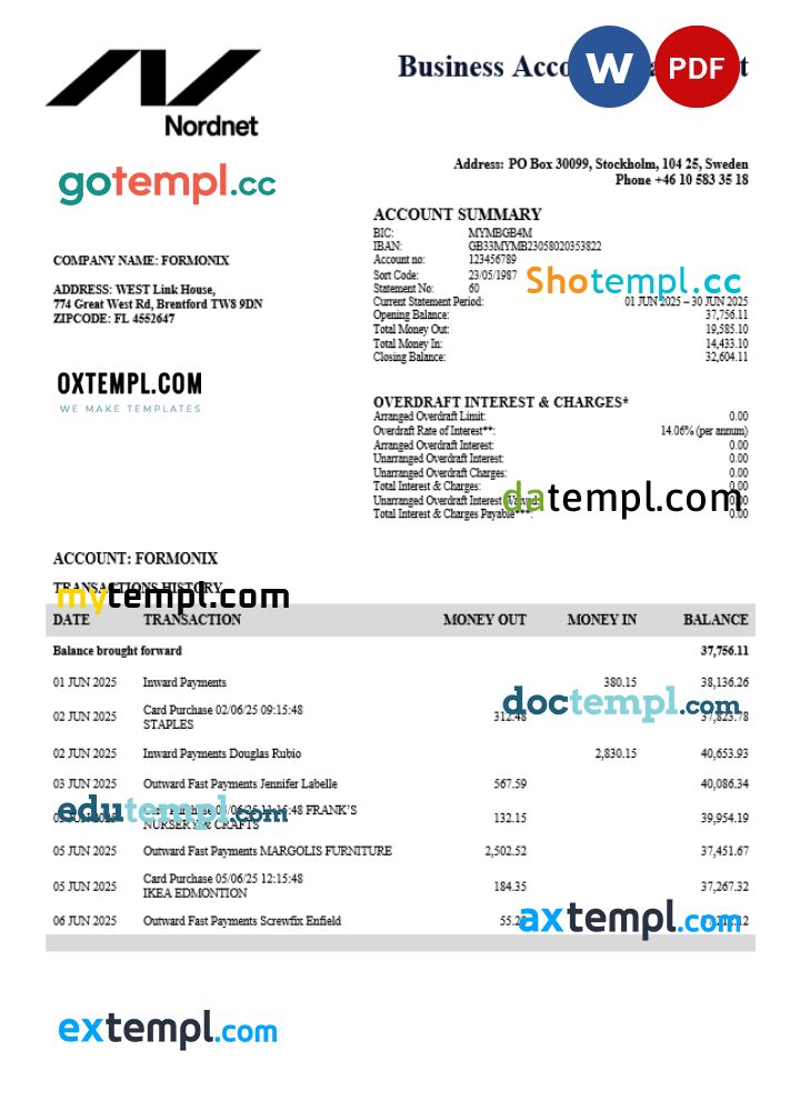 Swedish Nordnet AB firm account statement Word and PDF template Swedish Nordnet AB firm account statement Word and PDF template