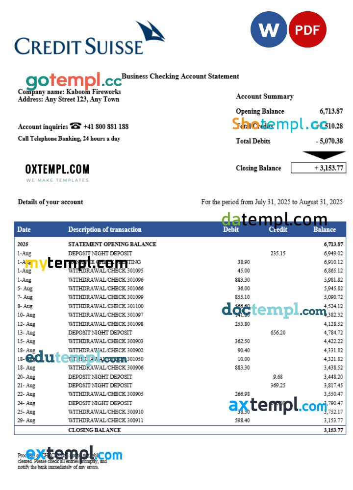 Swiss Credit Suisse company checking account statement Word and PDF template Swiss Credit Suisse company checking account statement Word and PDF template