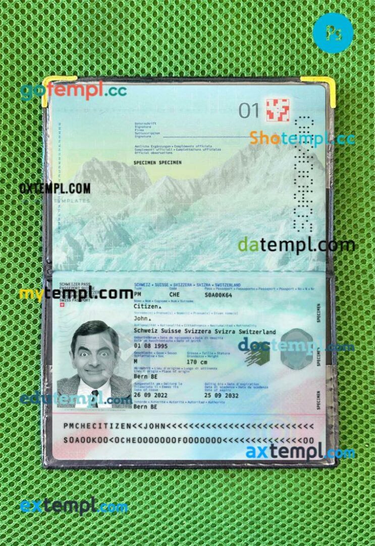 Switzerland passport editable PSD files with address page, scan and photo-realistic look, 2022-present Switzerland passport editable PSD files with address page, scan and photo-realistic look, 2022-present