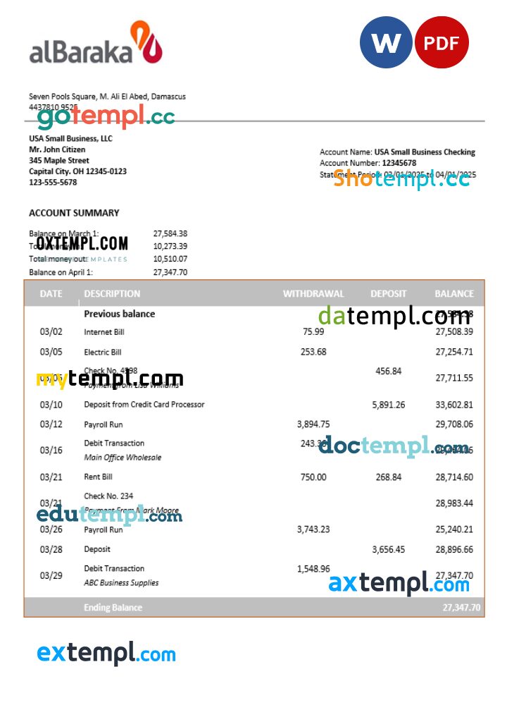 Syrian Al Baraka corporate checking account statement Word and PDF template Syrian Al Baraka corporate checking account statement Word and PDF template