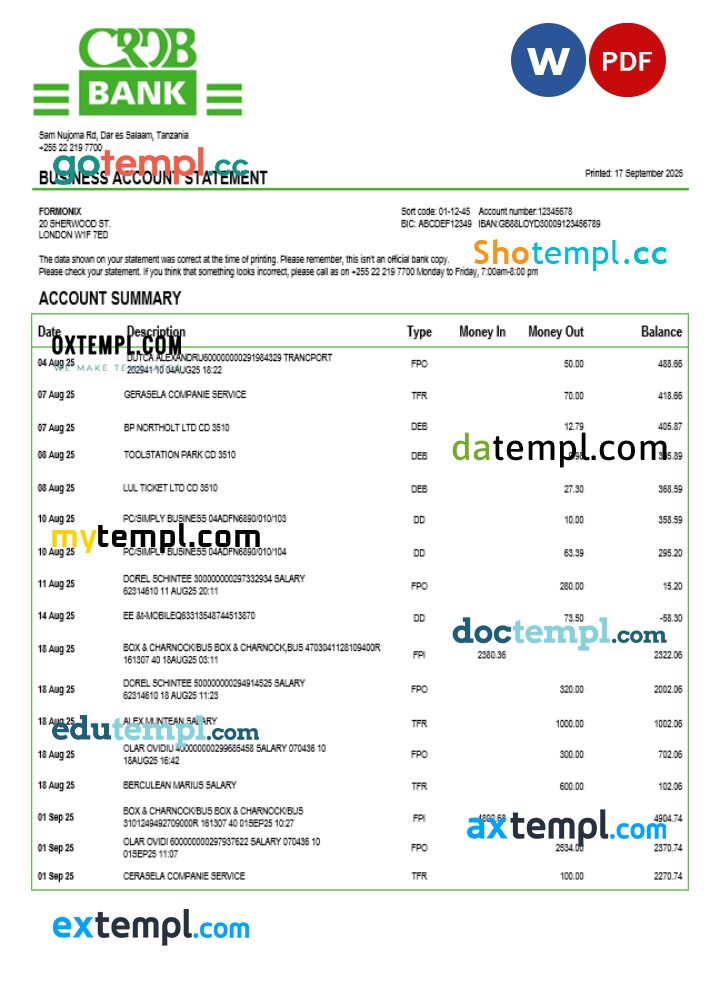 Tanzania CRDB company checking account statement Word and PDF template Tanzania CRDB company checking account statement Word and PDF template