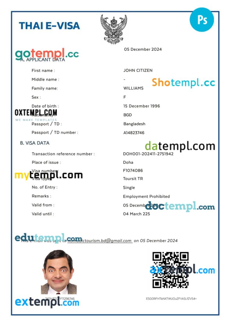 Thailand Destination visa (DTV) template in PSD format