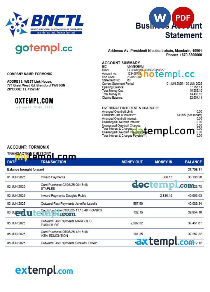 Timor-Leste BNCTL firm account statement Word and PDF template Timor-Leste BNCTL firm account statement Word and PDF template