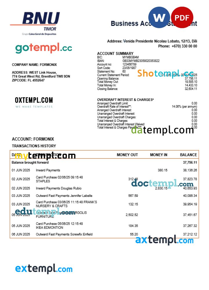 Timor-Leste BNU firm checking account statement Word and PDF template Timor-Leste BNU firm checking account statement Word and PDF template
