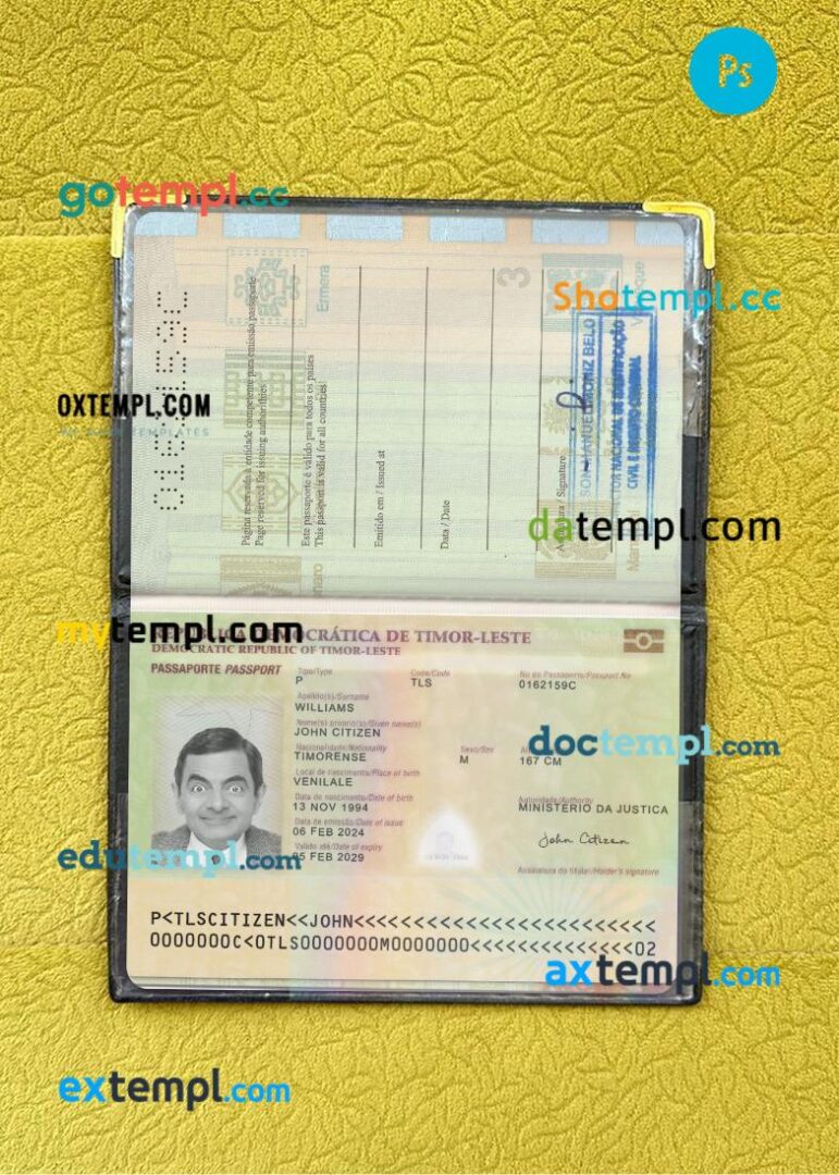 Timor-Leste passport PSD files with address page, scan and photo-realistic look, 2024-present Timor-Leste passport PSD files with address page, scan and photo-realistic look, 2024-present