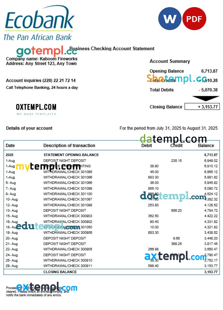Togo Ecobank organization checking account statement Word and PDF template Togo Ecobank organization checking account statement Word and PDF template