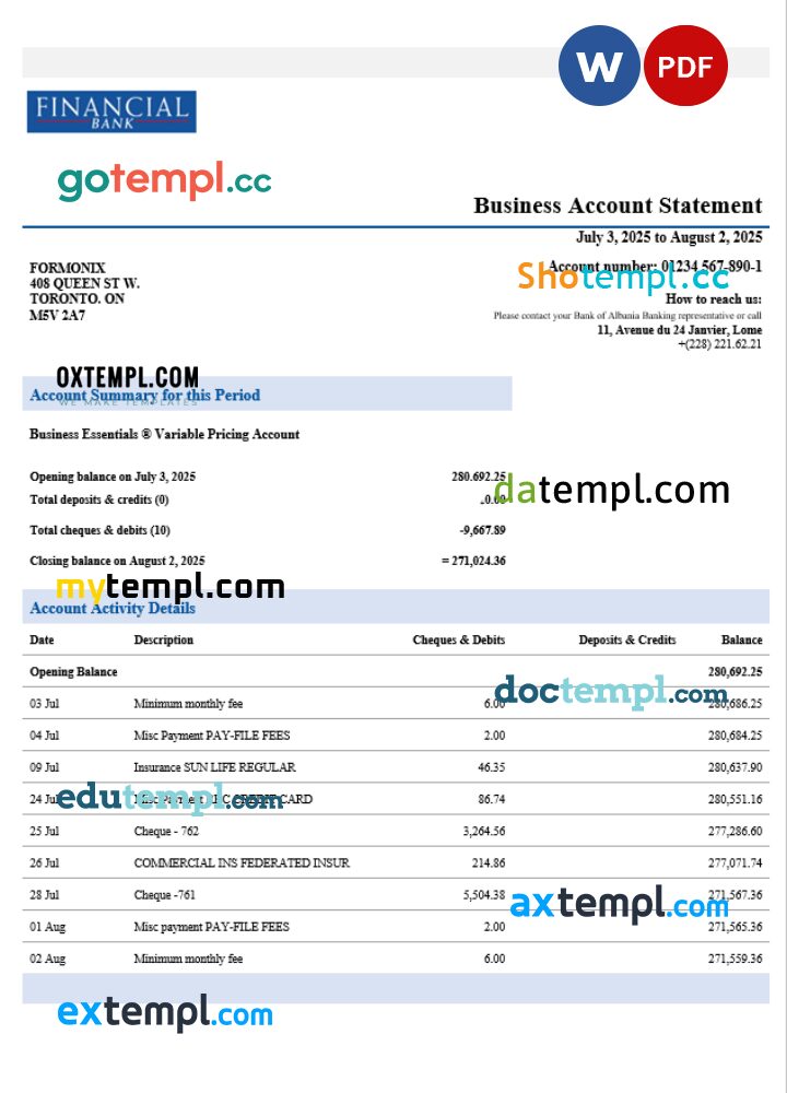 Togo Financial Bank corporate account statement Word and PDF template Togo Financial Bank corporate account statement Word and PDF template
