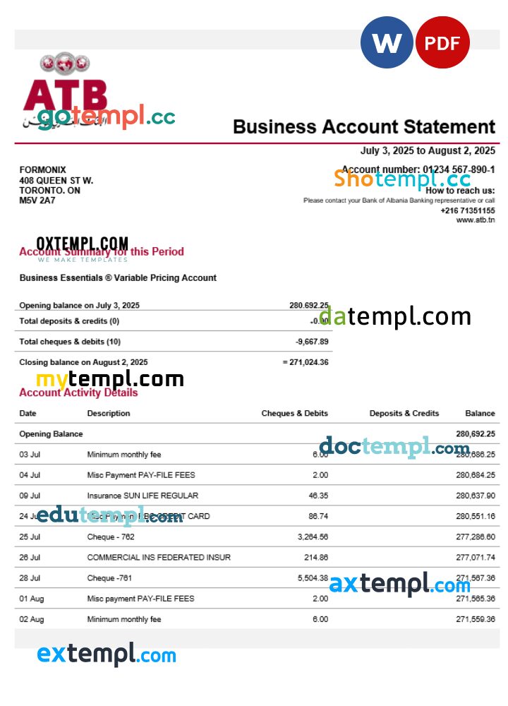Tunisian ATB organization checking account statement Word and PDF template Tunisian ATB organization checking account statement Word and PDF template