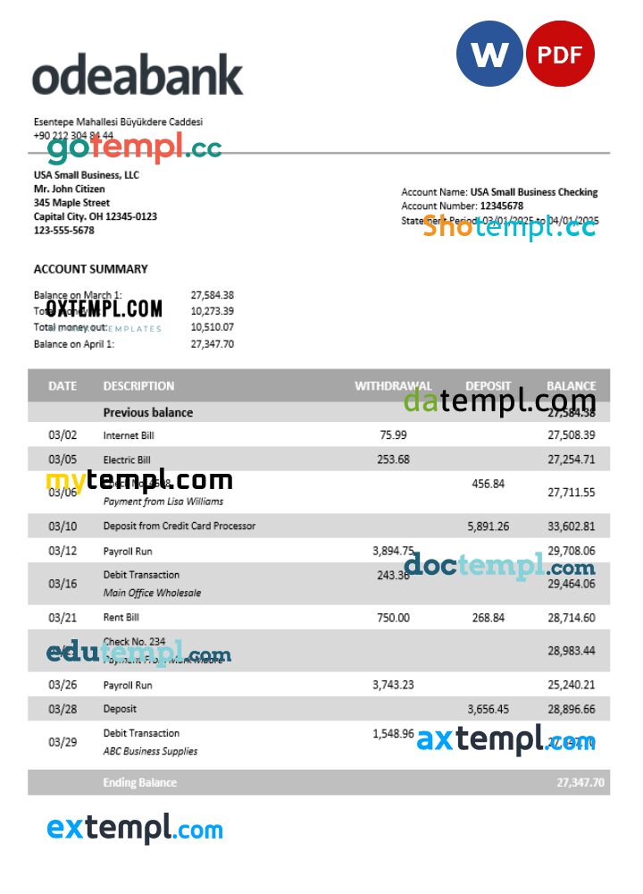 Turkey Odeabank firm account statement Word and PDF template Turkey Odeabank firm account statement Word and PDF template