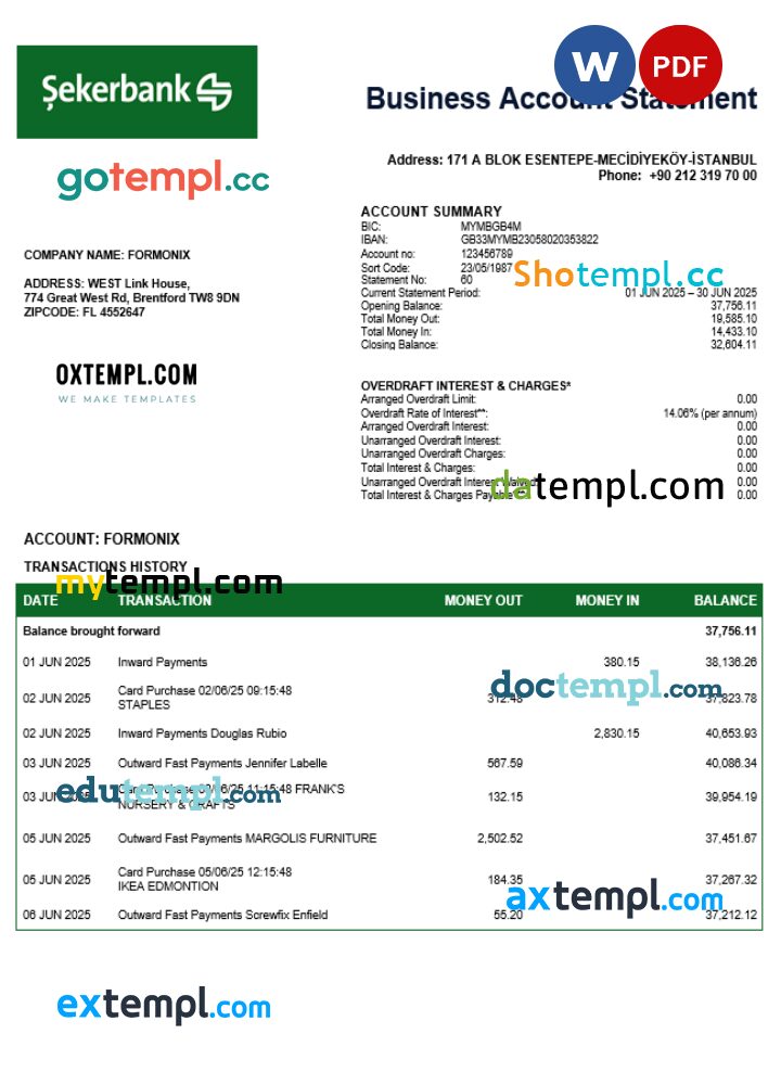 Turkish Sekerbank firm checking account statement Word and PDF template Turkish Sekerbank firm checking account statement Word and PDF template