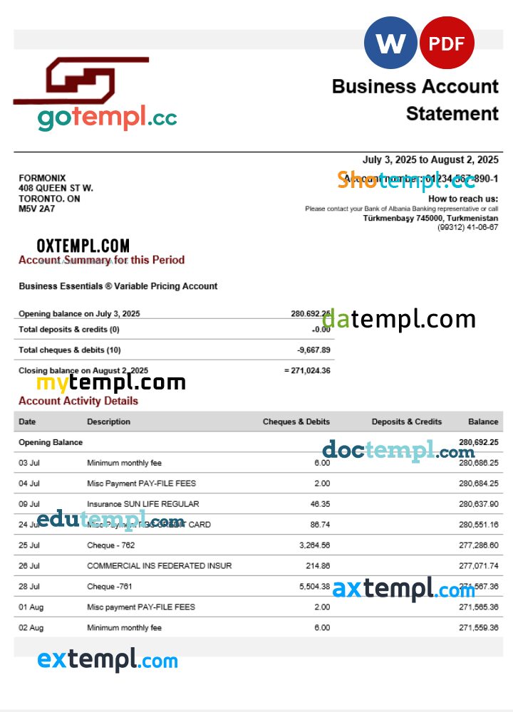 Turkmen Turkmenbasi company checking account statement Word and PDF template Turkmen Turkmenbasi company checking account statement Word and PDF template