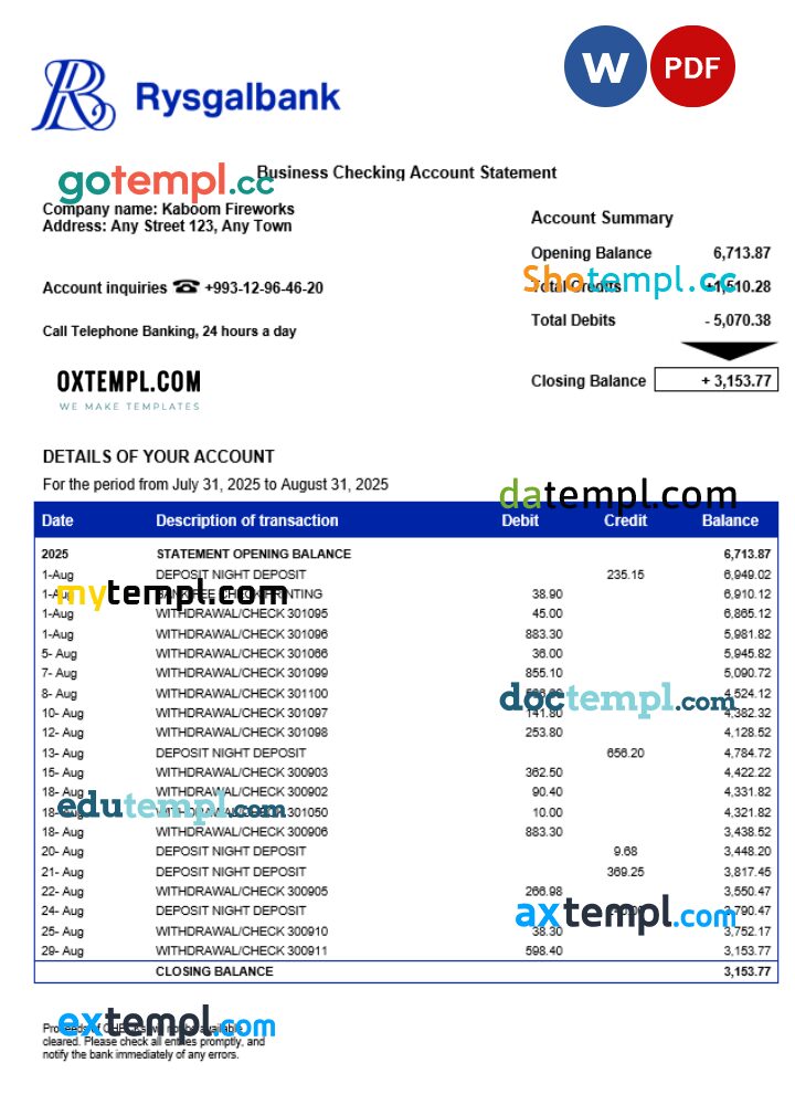 Turkmenistan Rysgal firm account statement Word and PDF template Turkmenistan Rysgal firm account statement Word and PDF template