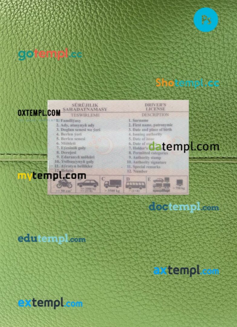 Turkmenistan driving license PSD files, scan look and photographed image, 2 in 1 Turkmenistan driving license PSD files, scan look and photographed image, 2 in 1 - Image 2