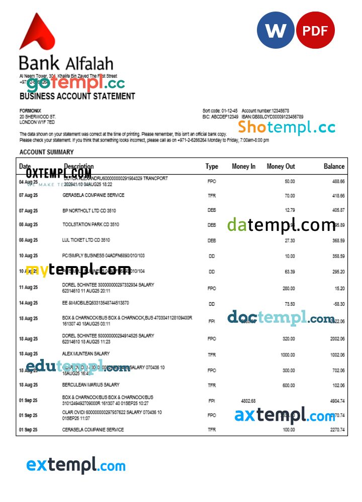 UAE Abu Dhabi Bank Alfalah company checking account statement Word and PDF template UAE Abu Dhabi Bank Alfalah company checking account statement Word and PDF template