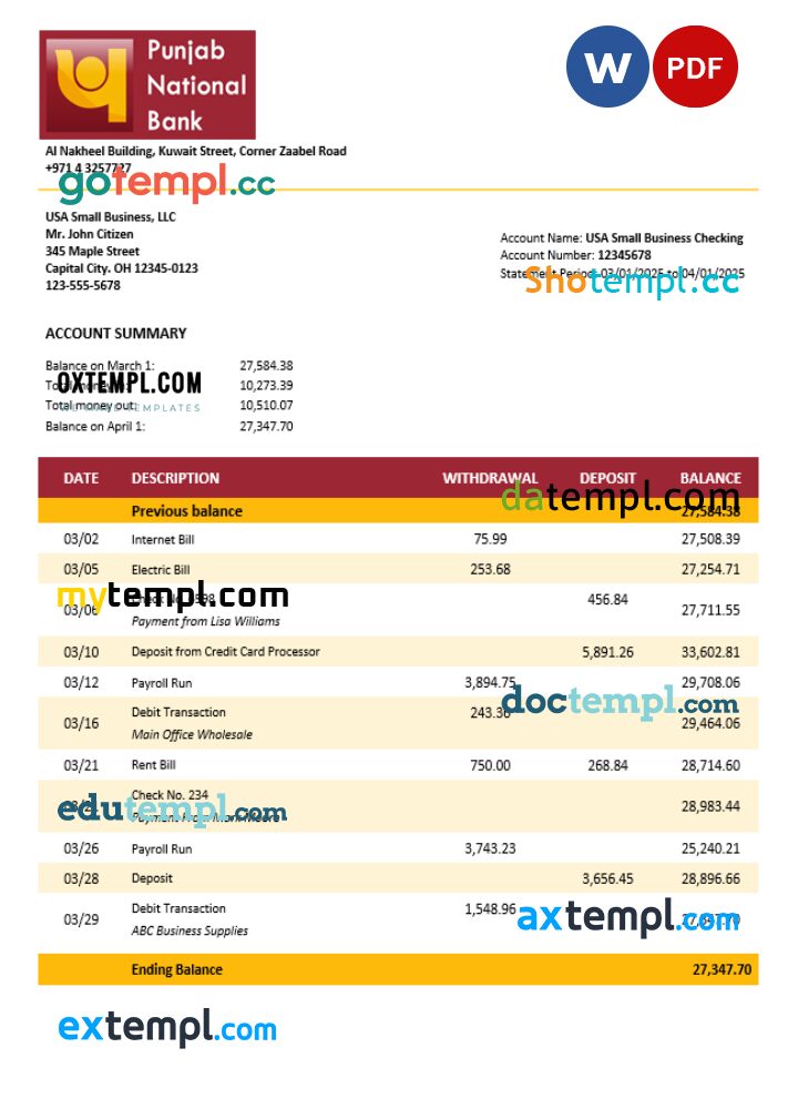 UAE Dubai PNB enterprise statement Word and PDF template UAE Dubai PNB enterprise statement Word and PDF template