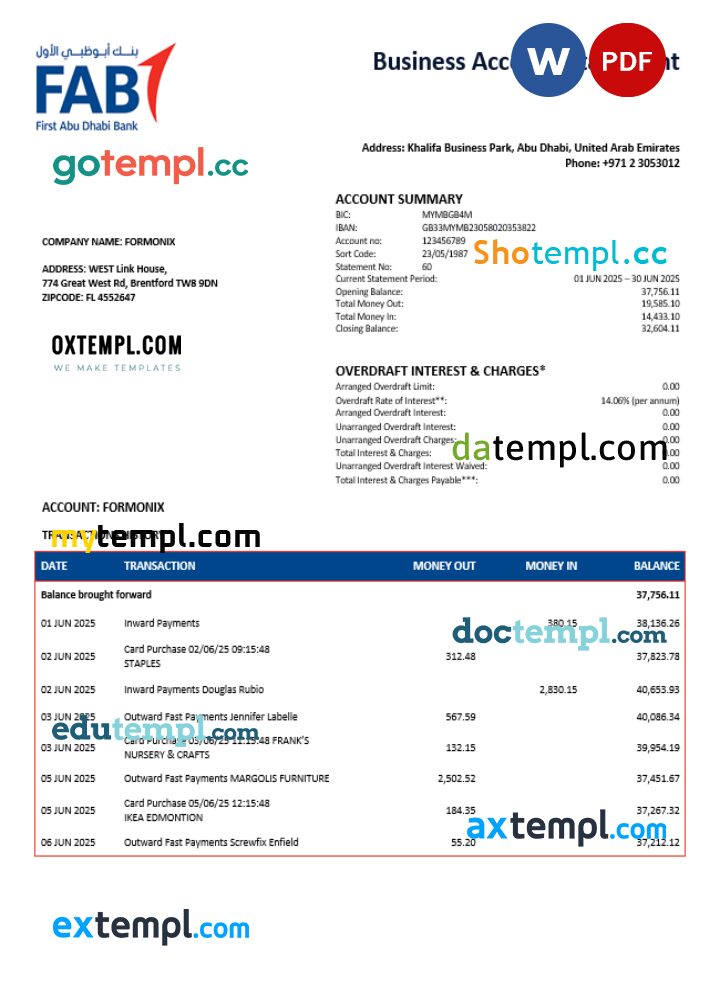 UAE First Abu Dhabi firm account statement Word and PDF template UAE First Abu Dhabi firm account statement Word and PDF template
