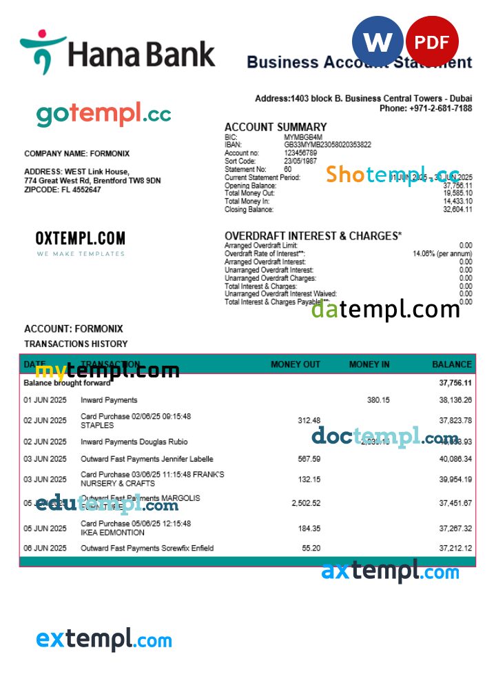 UAE Keb Hana company checking account statement Word and PDF template UAE Keb Hana company checking account statement Word and PDF template