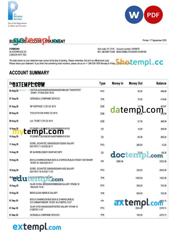 UK The Pension Service firm account statement Word and PDF template UK The Pension Service firm account statement Word and PDF template