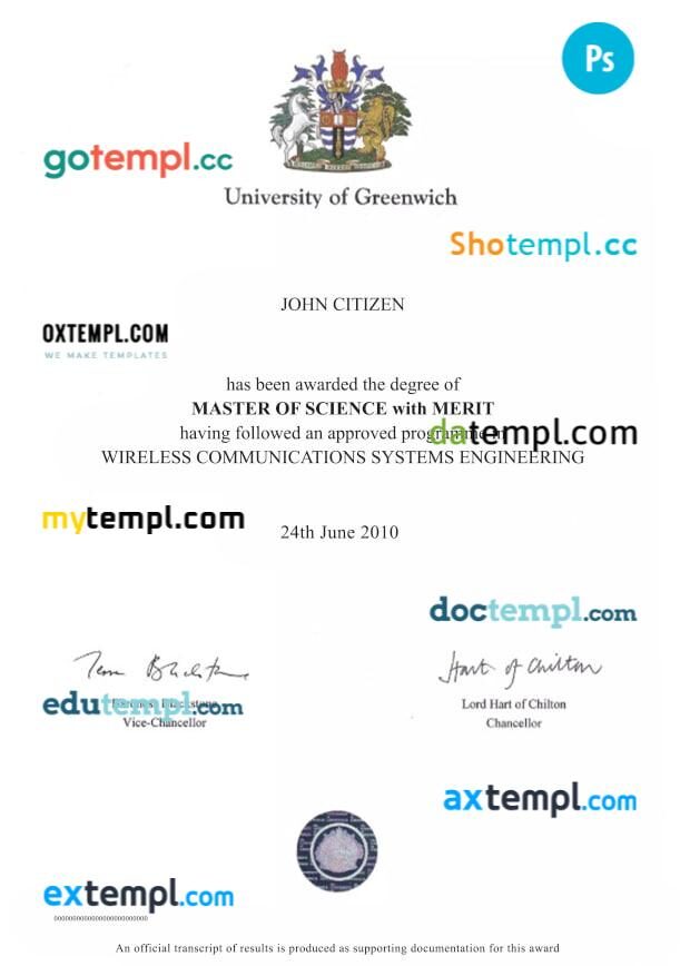UK University of Greenwich diploma template in PSD format UK University of Greenwich diploma template in PSD format