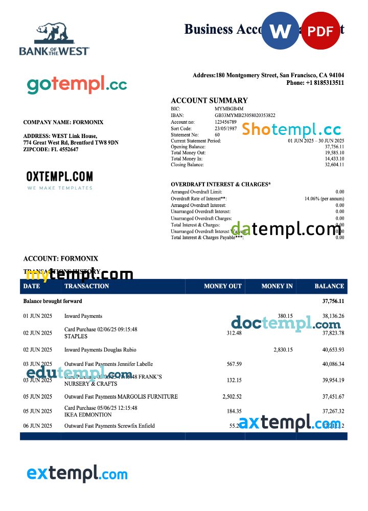 US Bank of the West company checking account statement Word and PDF template US Bank of the West company checking account statement Word and PDF template
